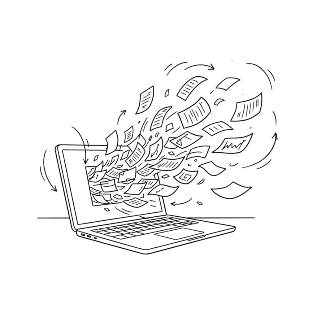 Laptop exploding with papers